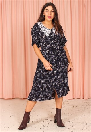 VINTAGE 90S MIDI DRESS IN BLUE ABSTRACT PRINT