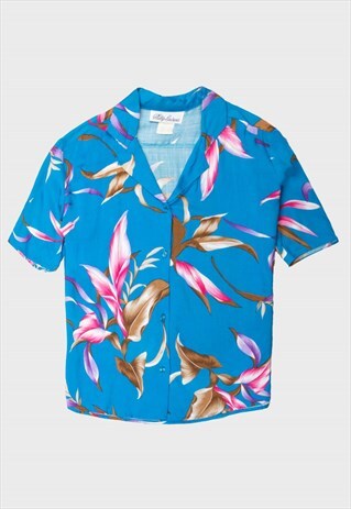 BLUE '80S ABSTRACT FLORAL PRINTED SHORT SLEEVE SHIRT