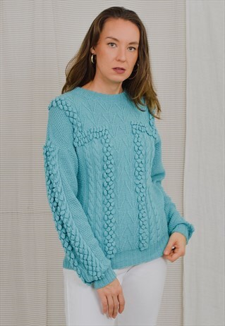 TURQUOISE SWEATER POMPON PULLOVER VINTAGE 80'S BLUE L