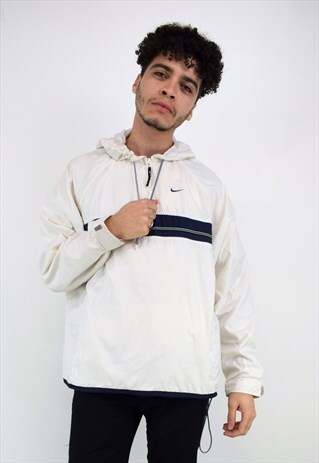 VINTAGE 90'S NIKE WHITE & NAVY 1/4 ZIP JACKET WITH HOOD