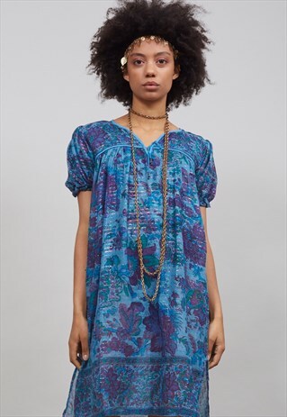 INDIGO AND PURPLE VINTAGE 70'S FLORAL INDIAN BOHO DRESS