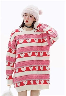 Heart print sweater preppy jumper knitted love top in red