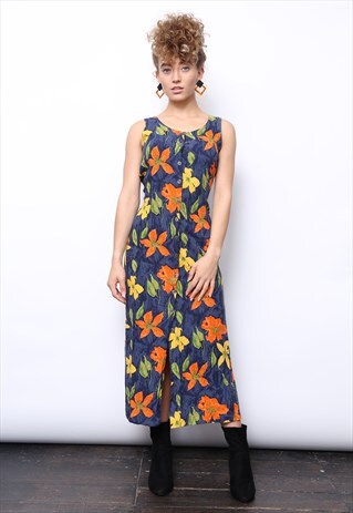 VINTAGE 90S NAVY ORANGE FLORAL MIDI BUTTON DRESS