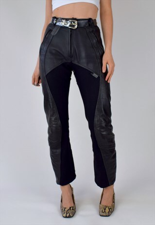 VINTAGE 80S BLACK LEATHER HIGH WAISTED BIKER TROUSERS S