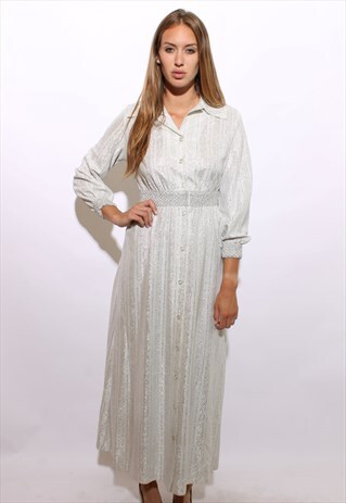 VINTAGE 1970'S 70'S METALLIC SILVER MAXI DRESS DISCO S-M