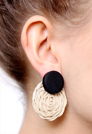 ROUND RATTAN STRAW WOVEN WOOD EARRINGS