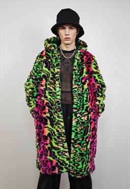 Neon leopard faux fur coat hooded rave festival jacket green