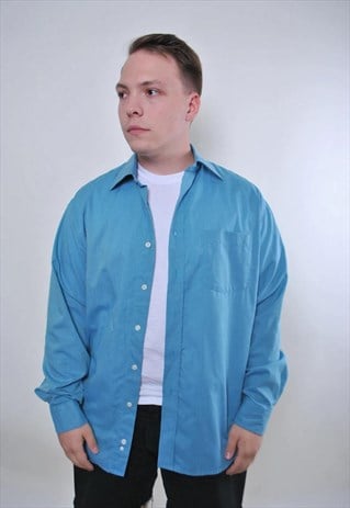 Vintage blue plus size formal long sleeve shirt for work 