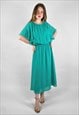 70's Vintage Green Caped Fluted Sleeve Ladies Midi Dress