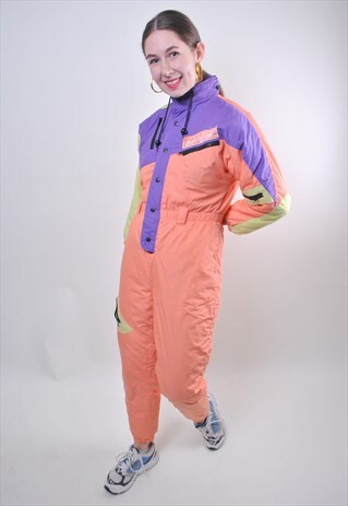 VINTAGE MULTICOLOR WOMAN SKI SUIT, PINK ONE PIECE SNOWSUIT