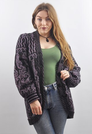VINTAGE OVERSIZE PURPLE PATTERNED GRANNY KNIT CARDY