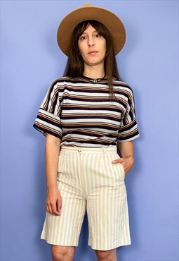 Vintage 90's Beige Stripe High Waisted Shorts - S/M