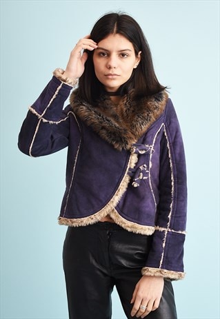 Y2K MISS SIXTY FAUX SUEDE & FAUX FUR SHERPA CROPPED JACKET