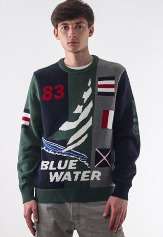 VINTAGE NAUTICA N-83 SAILING SWEATER GREEN GREY KNITTED
