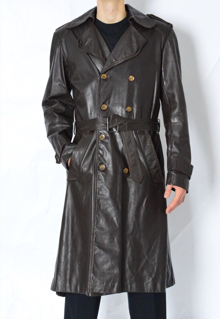 dark brown leather trench coat