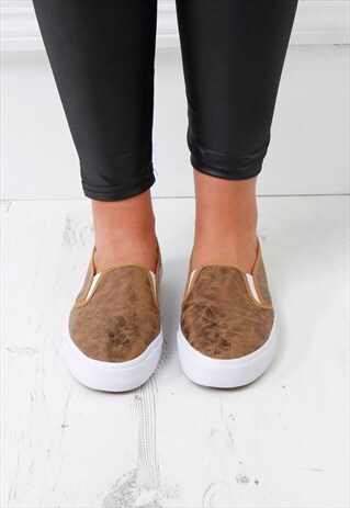 WOMENS LADIES BRONZE FLAT WHITE SOLE SNEAKER PUMP SHOES