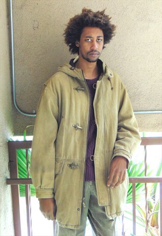 90S MINIMALIST SKATER BROWN HOODED TOGGLE COAT LARGE