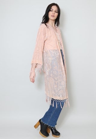 Vintage Style New Ladies Long Kimono Burnt Velvet Peach