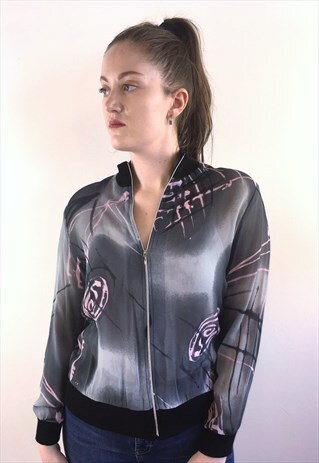 WOMENS VINTAGE 80S JACKET GREY ABSTRACT PATTERNED BOMBER TOP
