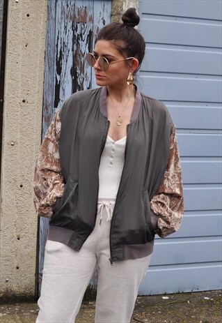 VINTAGE 90'S BROWN CRUSHED VELVET SLEEVE SILK BOMBER JACKET