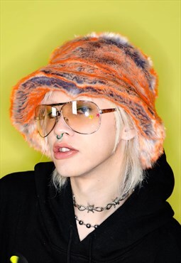 Festival faux fur bucket hat fluffy neon hat rave cap orange