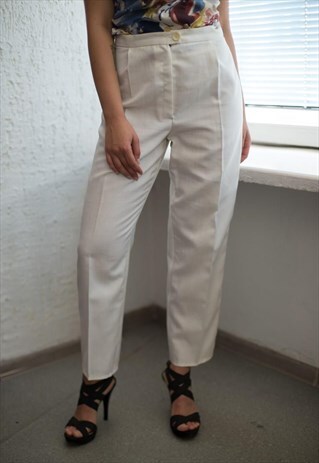 VINTAGE 80'S CREAM HIGH WAISTED LINEN CARROT TROUSERS