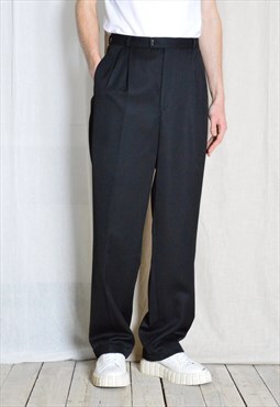 Vintage 90s Black Minimalist Wool Blend Pleated Mens Pants