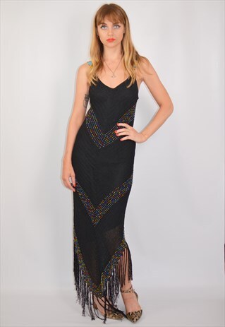 VINTAGE CROCHETED BEADED BLACK BOHO BODYCON MAXI DRESS