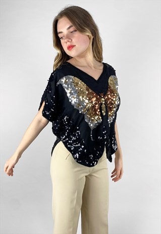 Vintage Ladies Iconic 70's Black Butterfly Gold Top