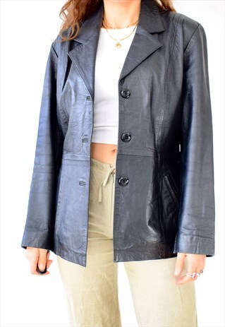 VINTAGE 90S BLACK LEATHER FITTED TAILORED BLAZER JACKET