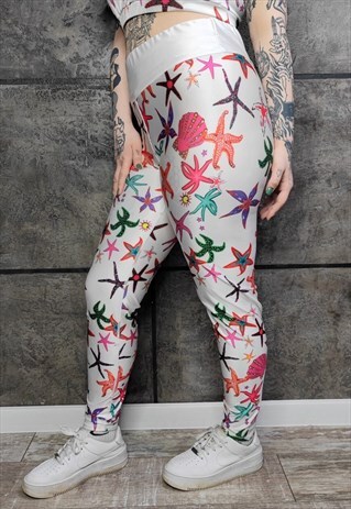 Sea print leggings ocean graffiti pants rainbow tights white