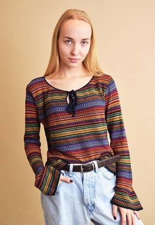 COOL 90'S RETRO BOHO STRIPED KNITTED PARTY BLOUSE TOP