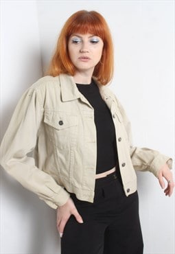 Vintage Y2K Distressed Cropped Denim Jacket Beige