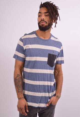 LACOSTE MENS VINTAGE T-SHIRT TOP MEDIUM BLUE STRIPES 90S