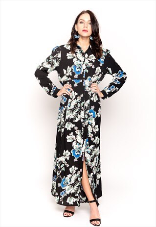 FLORAL PRINT MAXI DRESS OVERSIZE RELAXED FIT CARDIGAN BLACK