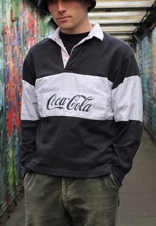 VINTAGE 80S COCA COLA BLACK AND WHITE RUGBY SHIRT