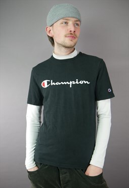 Vintage Champion Embroidered T-Shirt in Black with Logo