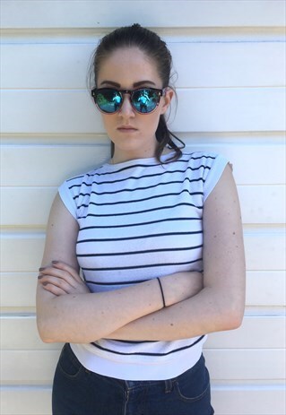 WOMENS VINTAGE 80S TOP SHORT SLEEVE BLUE WHITE STRIPY TSHIRT