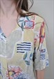 VINTAGE HIPSTER BLOUSE, MULTICOLOR PATTERN BUTTON UP SHIRT