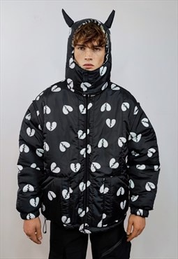 Heart bomber reversible jacket detachable punk puffer black