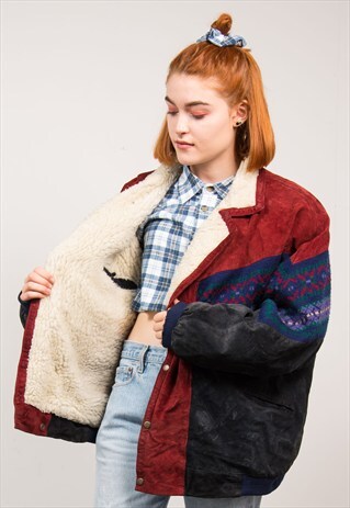 VINTAGE 90'S RED SUEDE AZTEC SHERLING LINED JACKET COAT