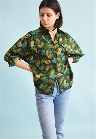 90'S RETRO LEAVES PRINT OVERSIZED SHIRT TOP