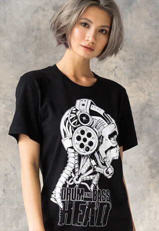 DRUM AND BASS HEAD T SHIRT METAL ROBOT CYBERPUNK WOMENS DJ