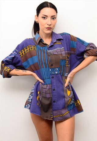 VINTAGE 90'S RETRO ABSTRACT CRAZY PATTERNED OVERSIZED SHIRT