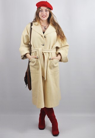 VINTAGE LONGLINE PALE YELLOW WOOL WRAP COAT