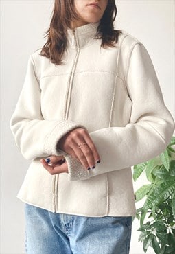Vintage Y2K 00's White Winter Zip Faux Fur Sheepskin Jacket