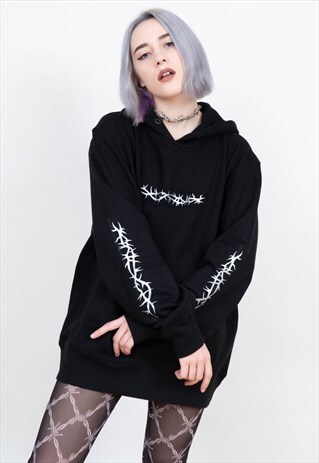 GRAPHIC HOODIE WITH REFLECTIVE BARBED WIRE THORNS Y2K 2000S