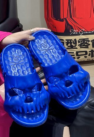 3D skeleton sliders open toe skull shape sandals in blue