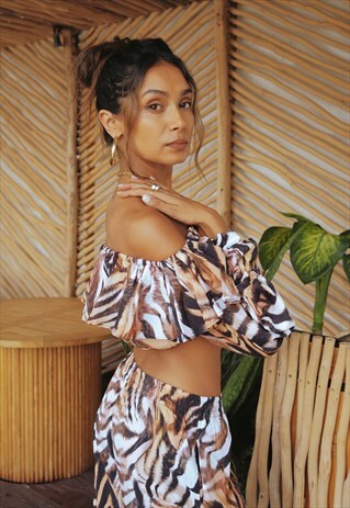 House Of Polly Tiger Off Shoulder Frill Crop Top