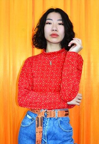 VINTAGE 90S TURTLENECK TOP RED GOLD ABSTRACT LONG SLEEVED